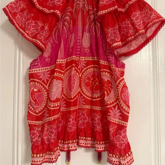 Farm Rio Ruffled Red and Pink Floral Top - Picture 4 of 5